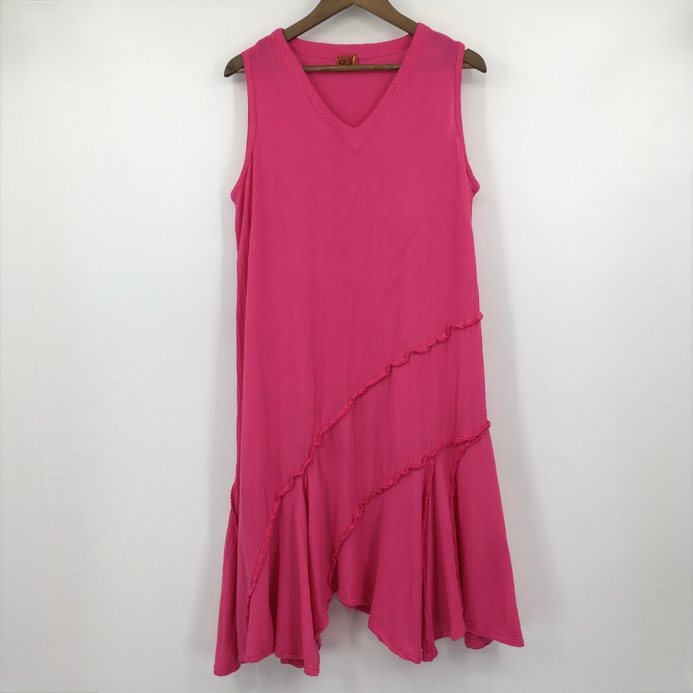 Oh My Gauze!‎ Tabasco Midi Dress Womens S 2 Pink Sleeveless Ruffle Hem Lagenlook